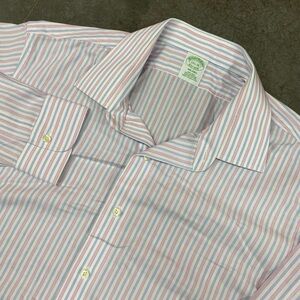 Brooks Brothers Milano Dress Shirt Pink Blue Stripe Mens 17.5 35 Non Iron